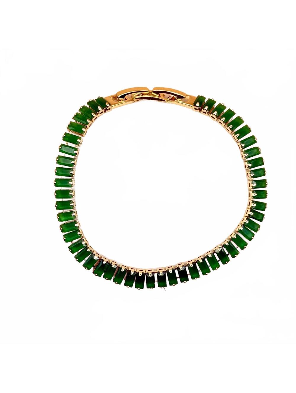 GlassJules Emerald Green Crystal Baguette Gold Tone Bracelet with Extender